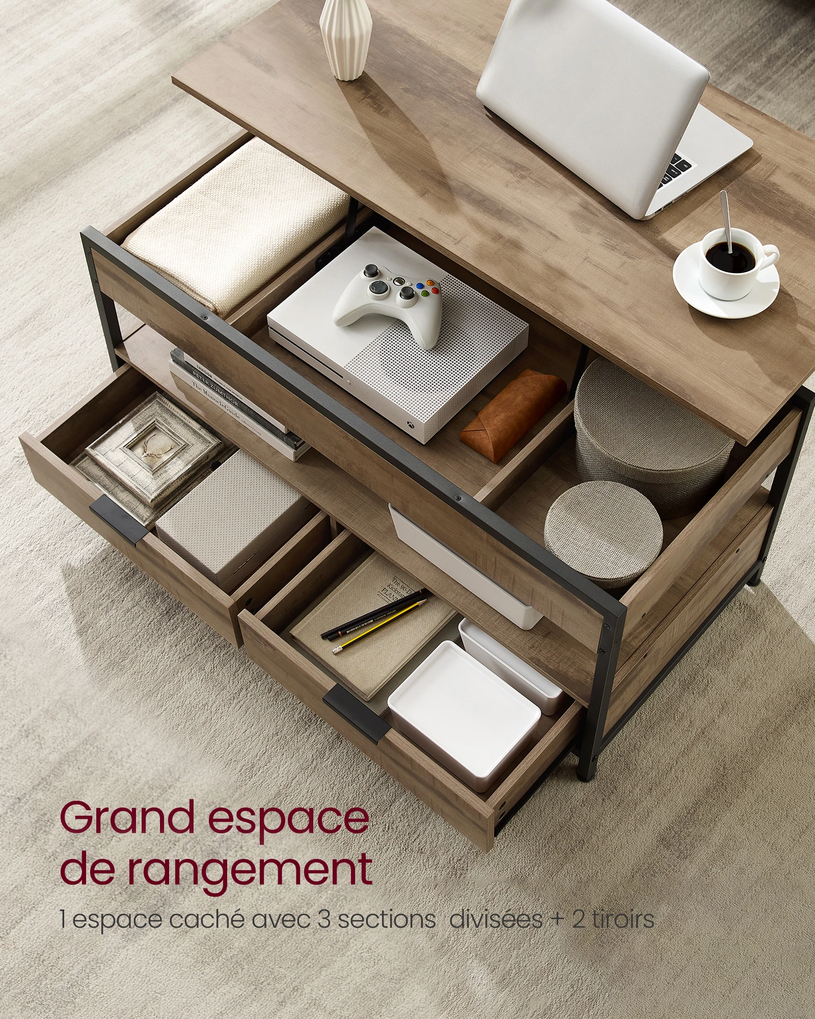 VASAGLE Table Basse, Table de Salon avec Plateau Relevable, Tiroirs de Rangement, avec Rangement Ouvert et Compartiment Caché