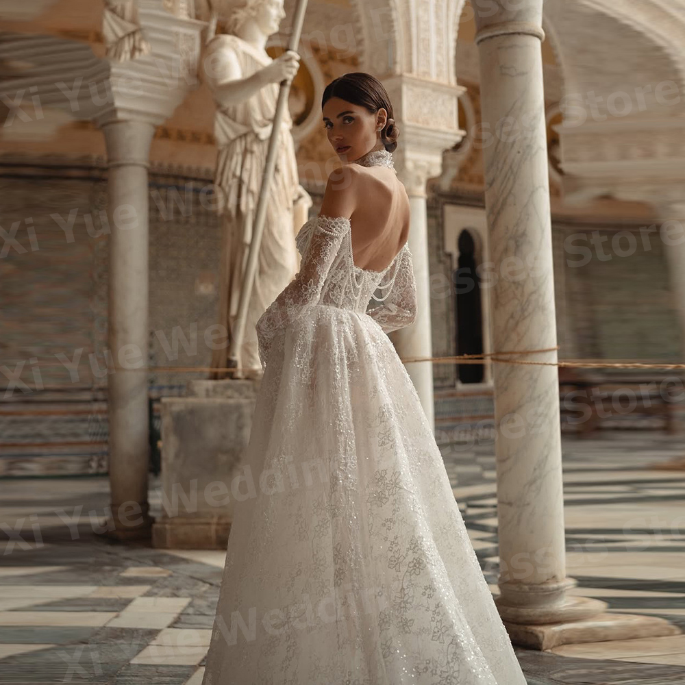 Sparkling A Line Women's Wedding Dresses Long Sleeve Lace Appliques Robe De Mariage Bride Gowns Customized Off Shoulder Vestido