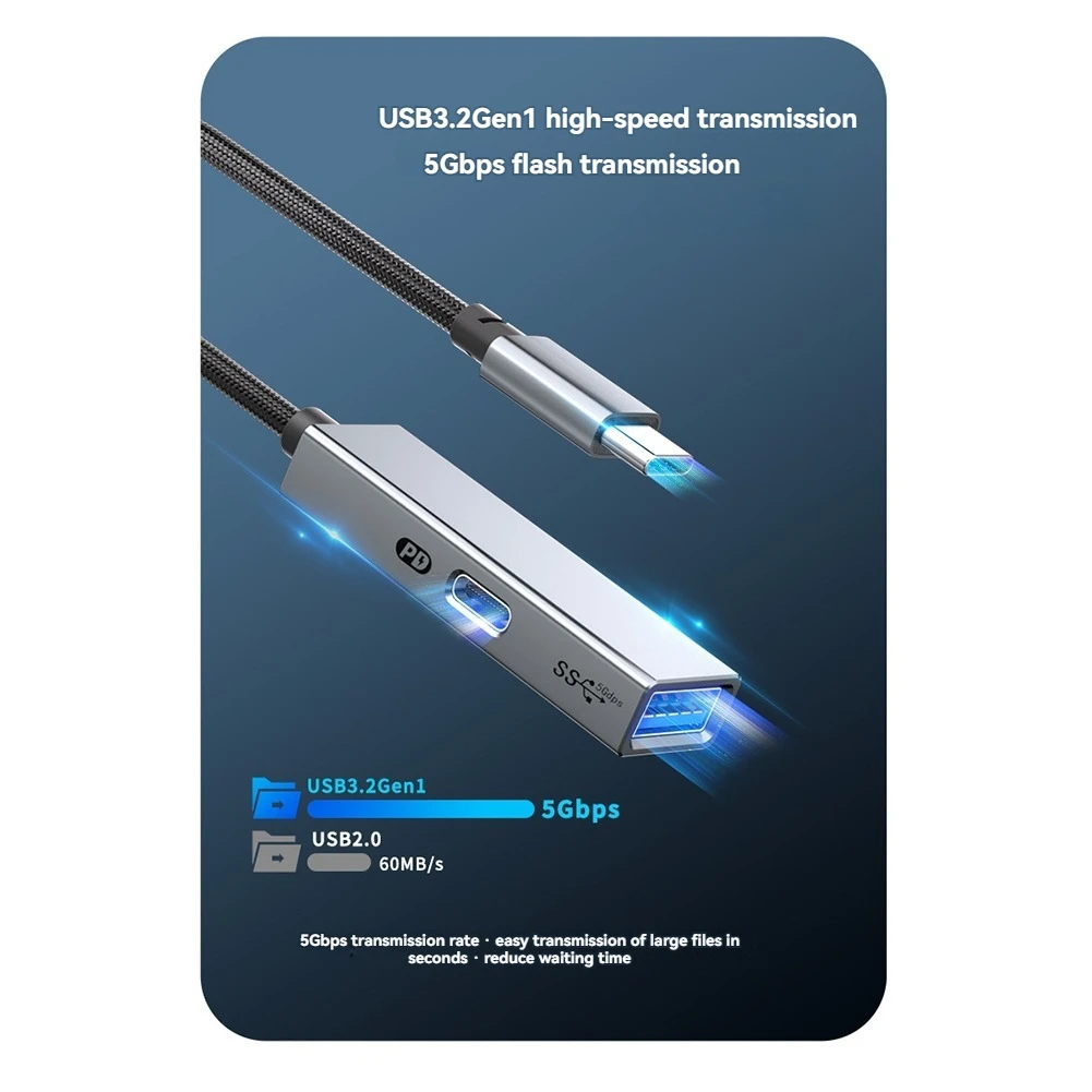 USB 3.2 Type-C HUB 5Gbps 60W PD Charging, OTG Adapter, - High-Speed USB to Type-C Converter Black