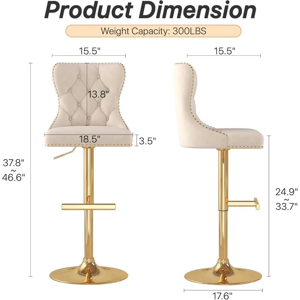 Bar Stools Set of 2, Velvet Swivel Counter Height Stools with Tufted Back, Adjustable Seat with Nailheads Trim, Upholstered Bar