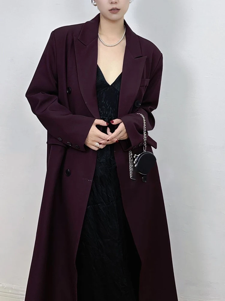 TWOTWINSTYLE Solid Minimalist Blazer สําหรับผู้หญิง Notched คอยาวแขนยาว Patchwork ปุ่ม Burgundy หญิงแฟชั่นสไตล์