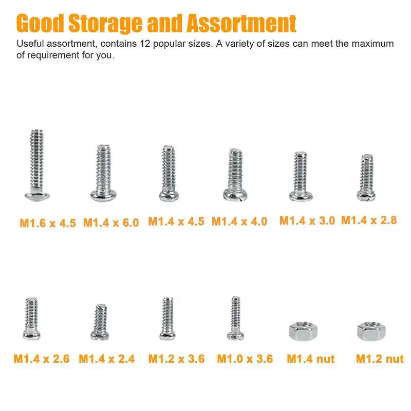 12 ชนิดสกรูขนาดเล็กชุด Assortment M1 M1.2 M1.4 M1.6 สกรูสําหรับนาฬิกากรอบแว่นตาซ่อมเครื่องมือไขควง