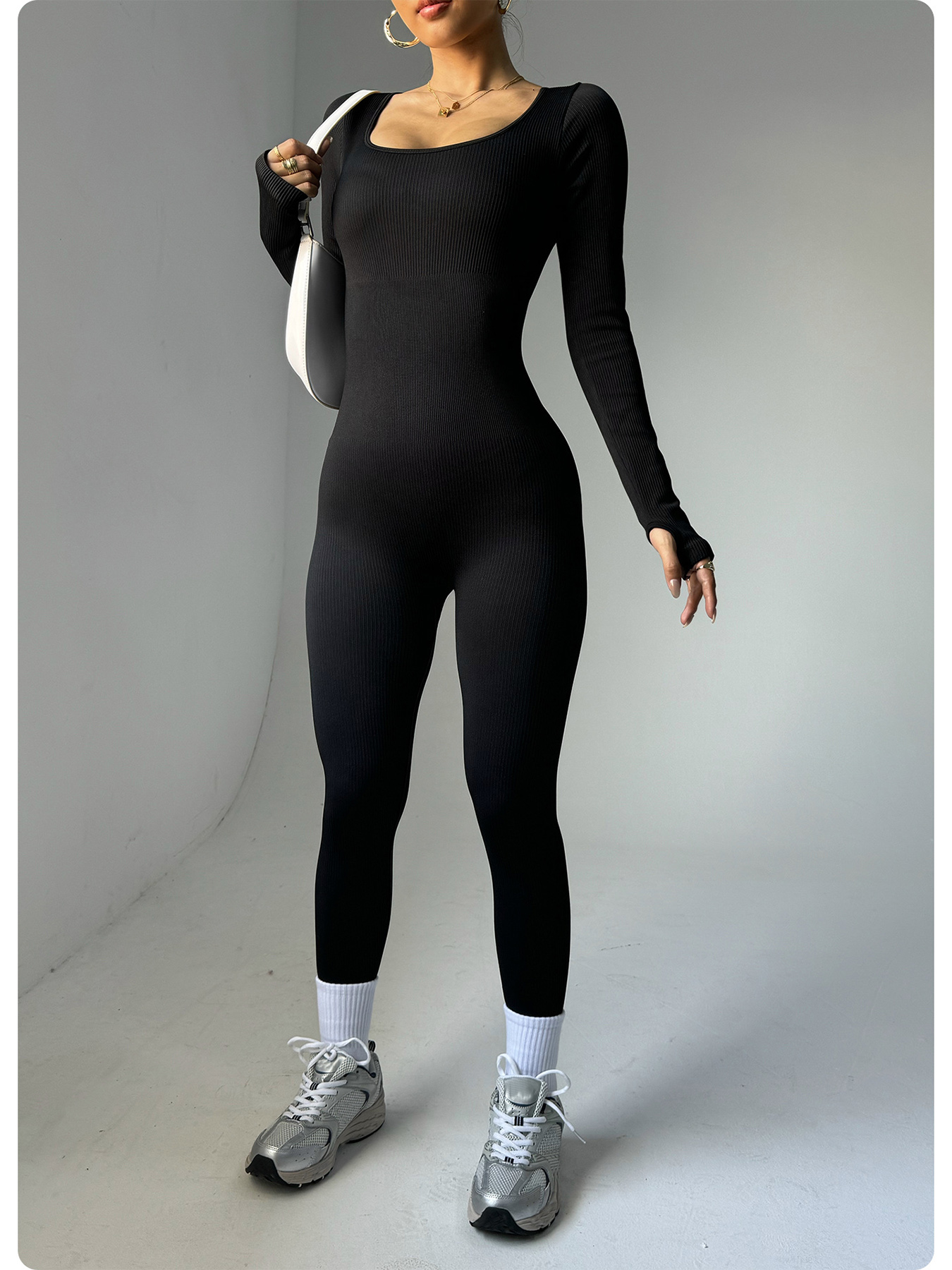 Terno de yoga de uma peça feminino macacão preto manga comprida bodysuit sexy e elegante streetwear casual esportes bodysuit