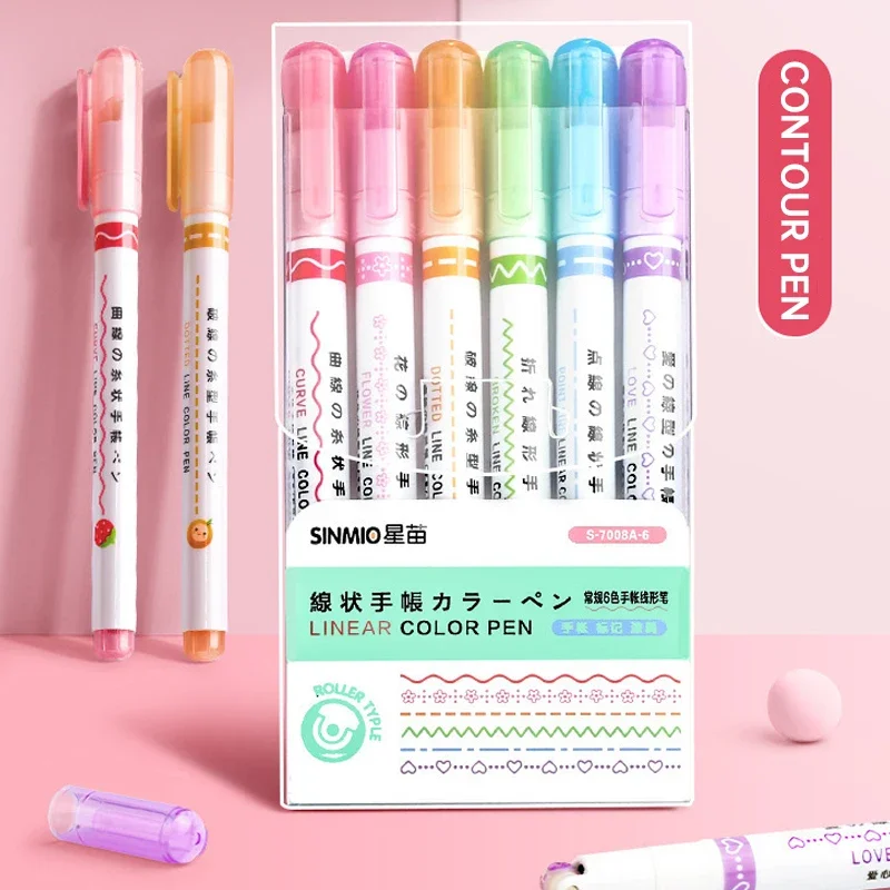 Juego de 6 unidades de bolígrafos con forma de flor, marcador resaltador, punta de rodillo curvo, papelería bonita, accesorios escolares de Graffiti Kawaii