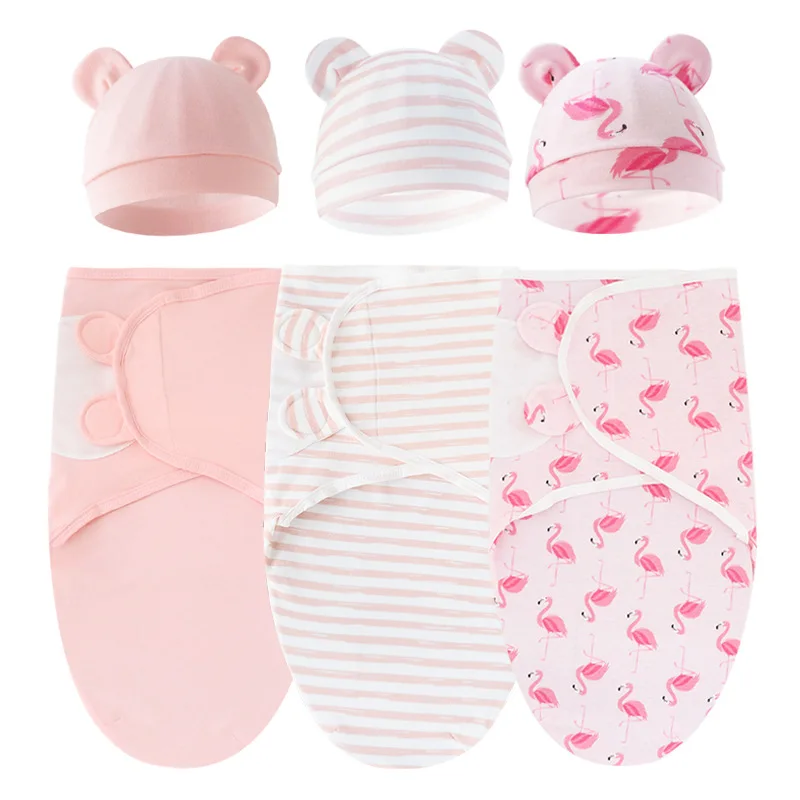 아기 담요 모자 세트 만화 인쇄 면화 신생아 Swaddle 조정 가능한 유아 잠자는 Swaddle 랩 올 시즌 0-6 개월