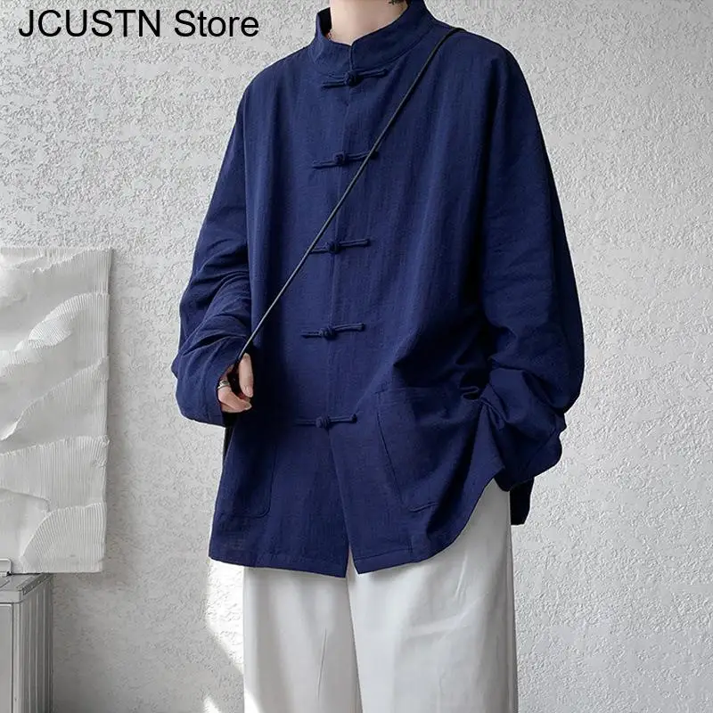 Ropa tradicional china, Top Qipao de algodón Hanfu mejorado, prendas de vestir informales para otoño y primavera, camisa de talla grande para hombre, chaquetas de Kungfu