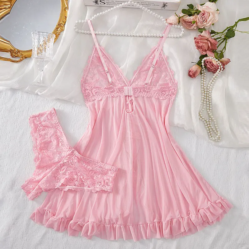 2 pçs conjunto de camisola de renda feminina requintado homewear pijamas transparente divisão camisola com decote em v sutiã calcinha conjuntos