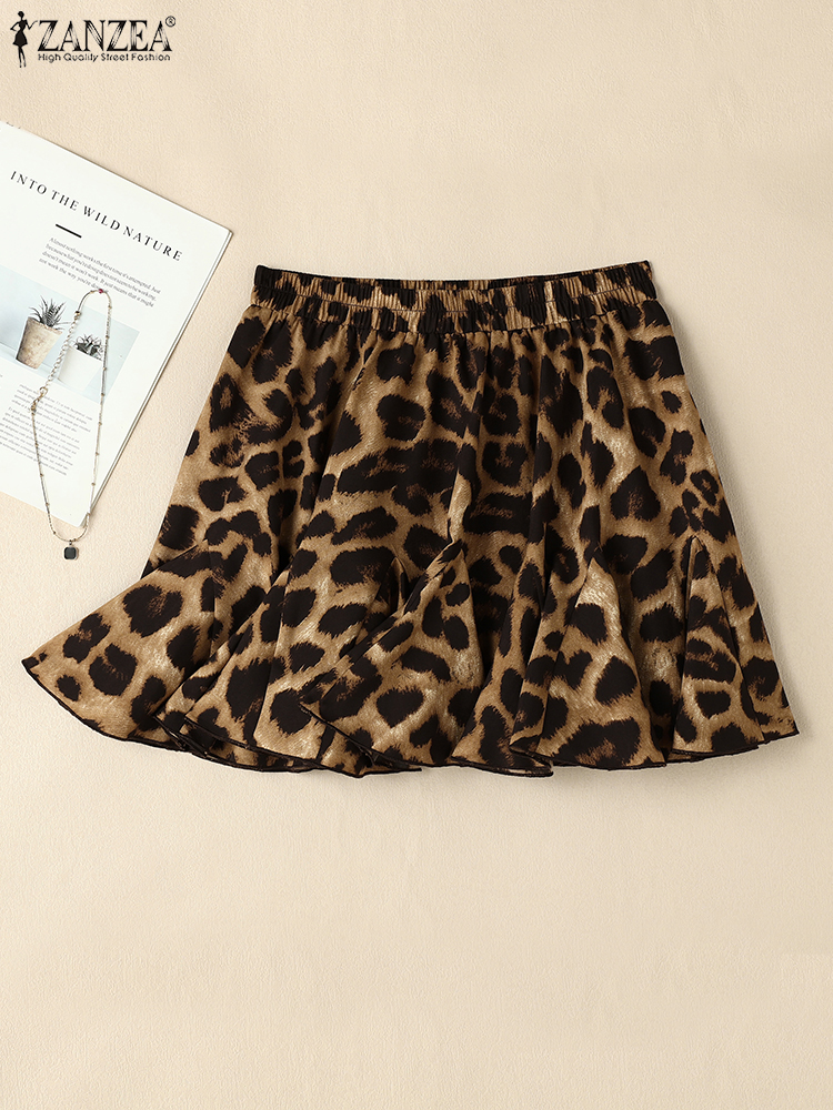 Plus Größe VONDA Frauen Mini Rock 2024 Mode Sommer Paity Sexy Leopard Druck Überröcke Elastische Taille A-linie Kurze Böden