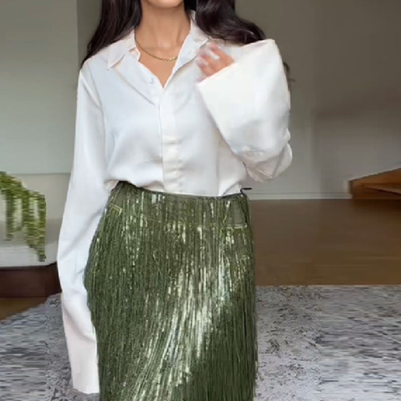 Falda elegante con borlas verdes brillantes para mujer, vestido de tubo largo y recto ajustado de cintura alta, ropa de fiesta para Club de desplazamiento 2025