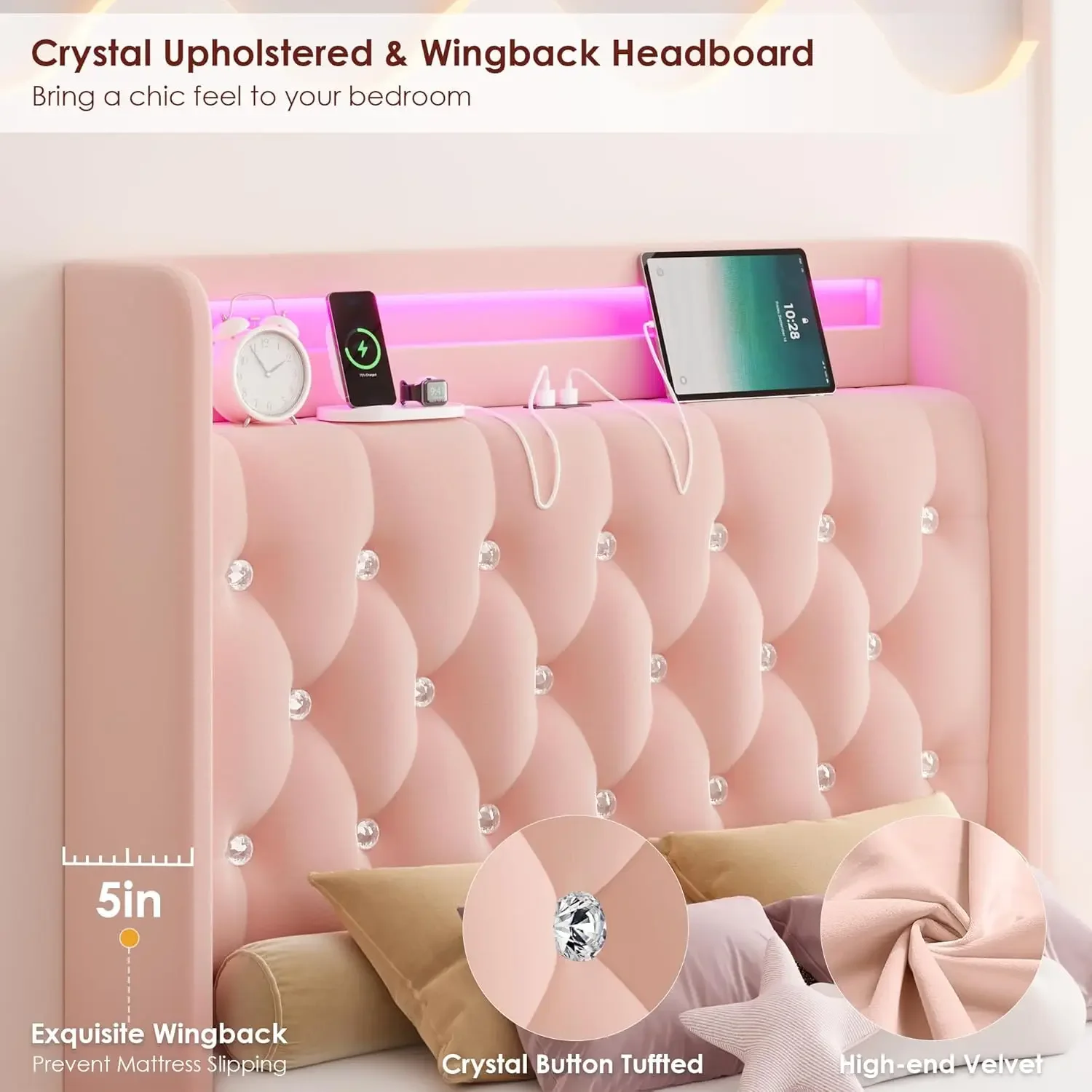 Twin LED Bed Frame with Charging Station Headboard & 4 Storage Drawers, Velvet Crystal Button-Tufted Princess