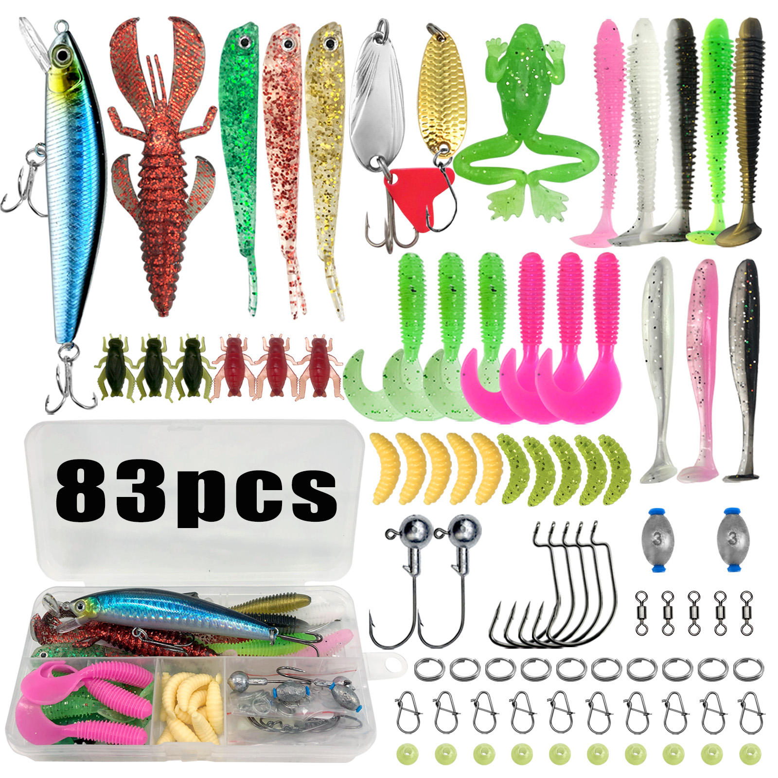 Kit de Iscas de Pesca 83/133/193/239/409 peças para Truta/Lúcio/Bass - Conjunto Multiuso com Equipamento Profissional e Caixa de Equipamentos Multicamadas