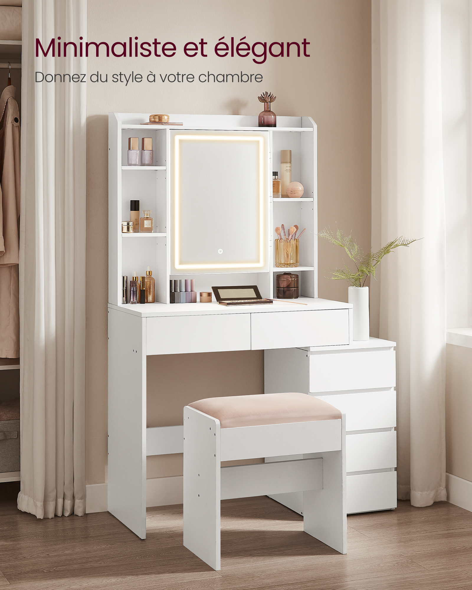 VASAGLE Coiffeuse avec LED, 3 Luminosités Réglables, Table de Maquillage avec Miroir, Tiroirs, Compartiments Ouverts, Tabouret, Étagères Réglables, Moderne