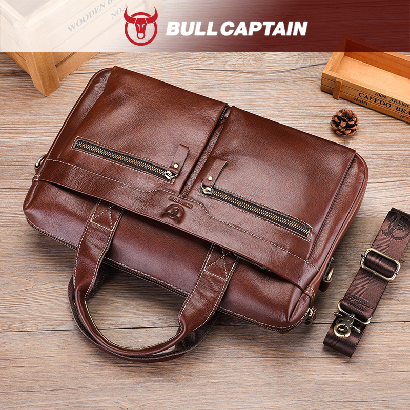 BULLCAPTAIN-maletín de hombro de cuero genuino para hombre, bolso de mano de 14 pulgadas para ordenador portátil, maletín Simple de moda para oficina y negocios