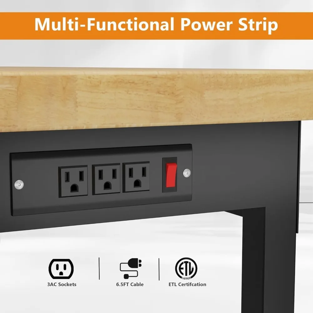 48 inch adjustable height workbench with drawers, power sockets, and wheels, with a capacity of 2000 pounds