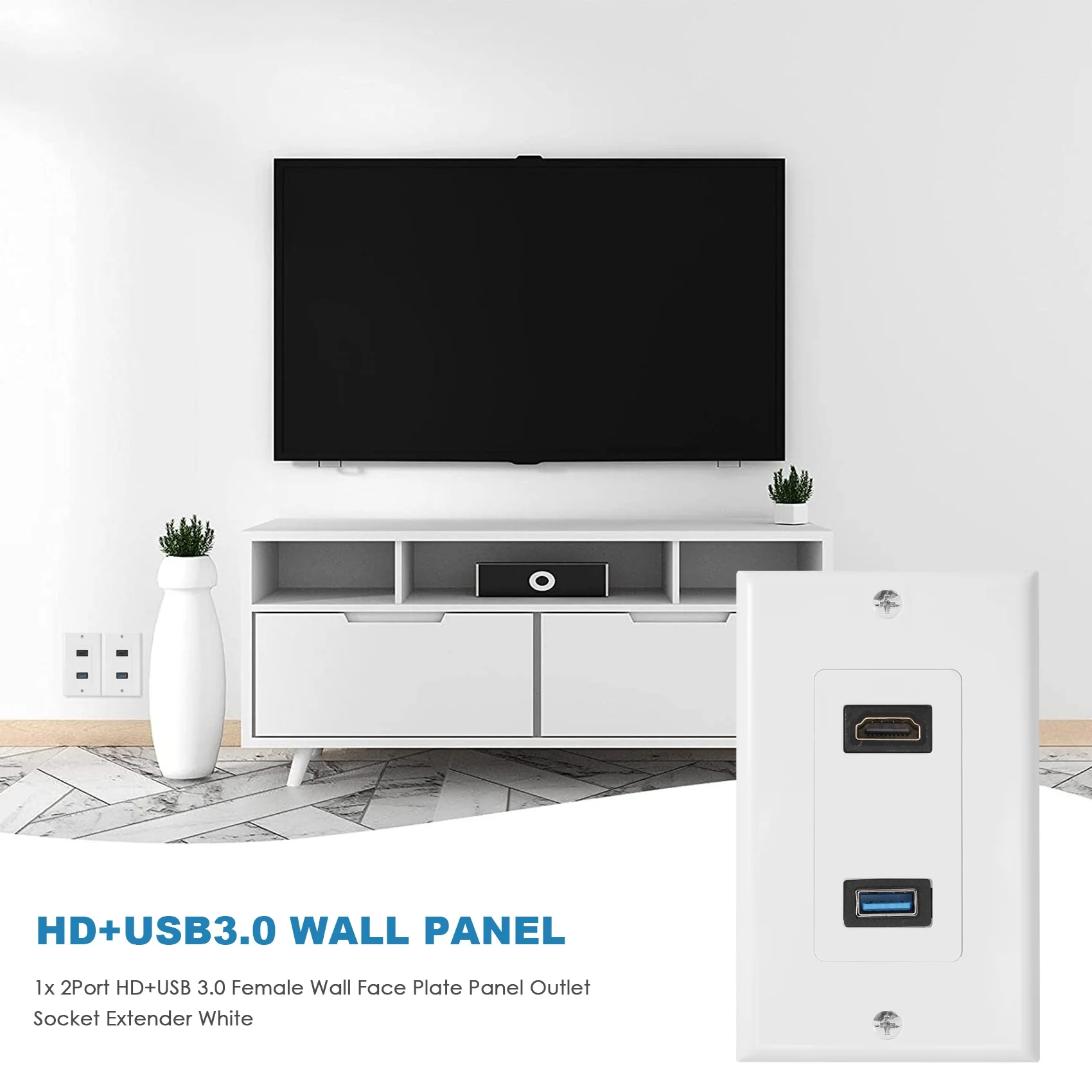 1x2Port HDMI USB 3,0 weibliche Wand Frontplatte Panel Steckdose Extender weiß