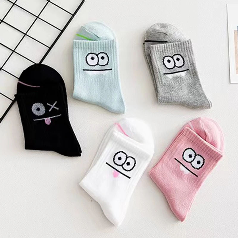5 pares de calcetines con estampado de expresión linda: cómodos y divertidos calcetines a media pantorrilla, calcetines casuales ricos de algodón para mujer que combinan con todo