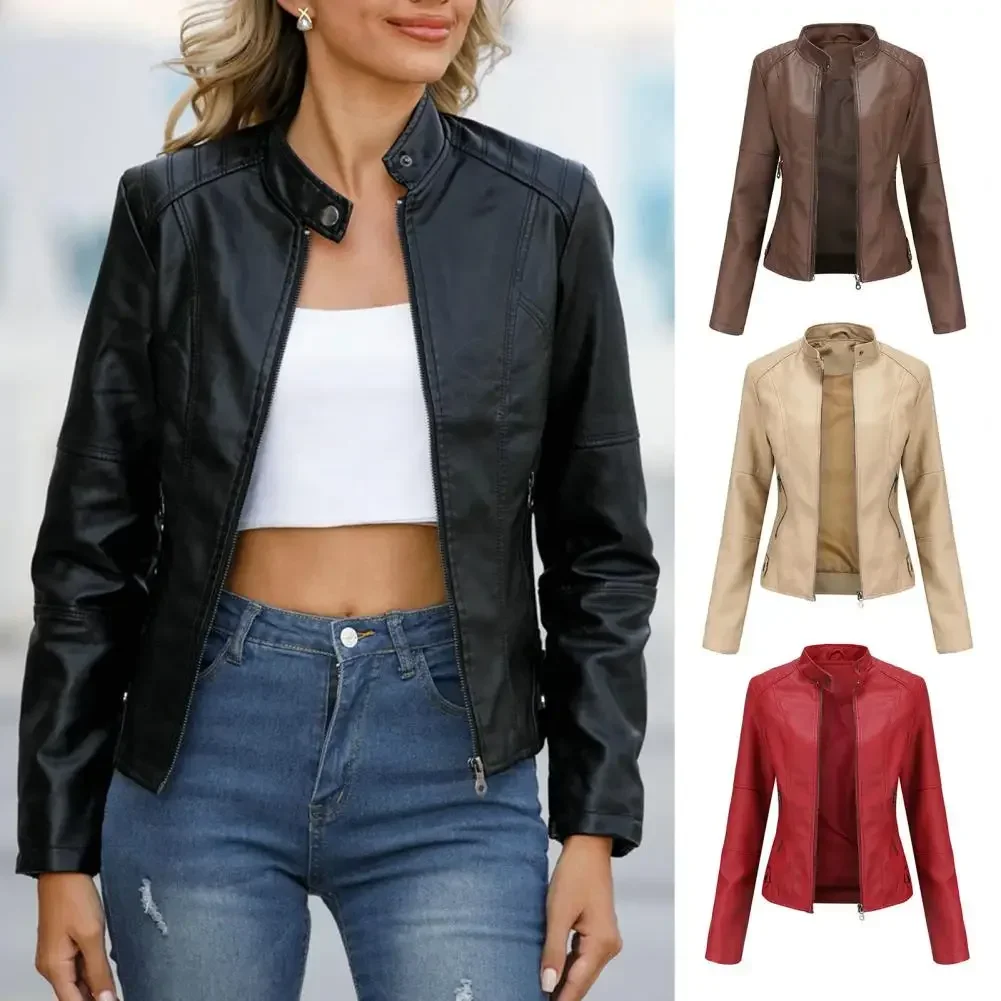 Kunstleren jas dames 2023, herfst lente dames moto biker rits jas rood zwarte jas nieuwe bovenkleding bruin xs paars marineblauw