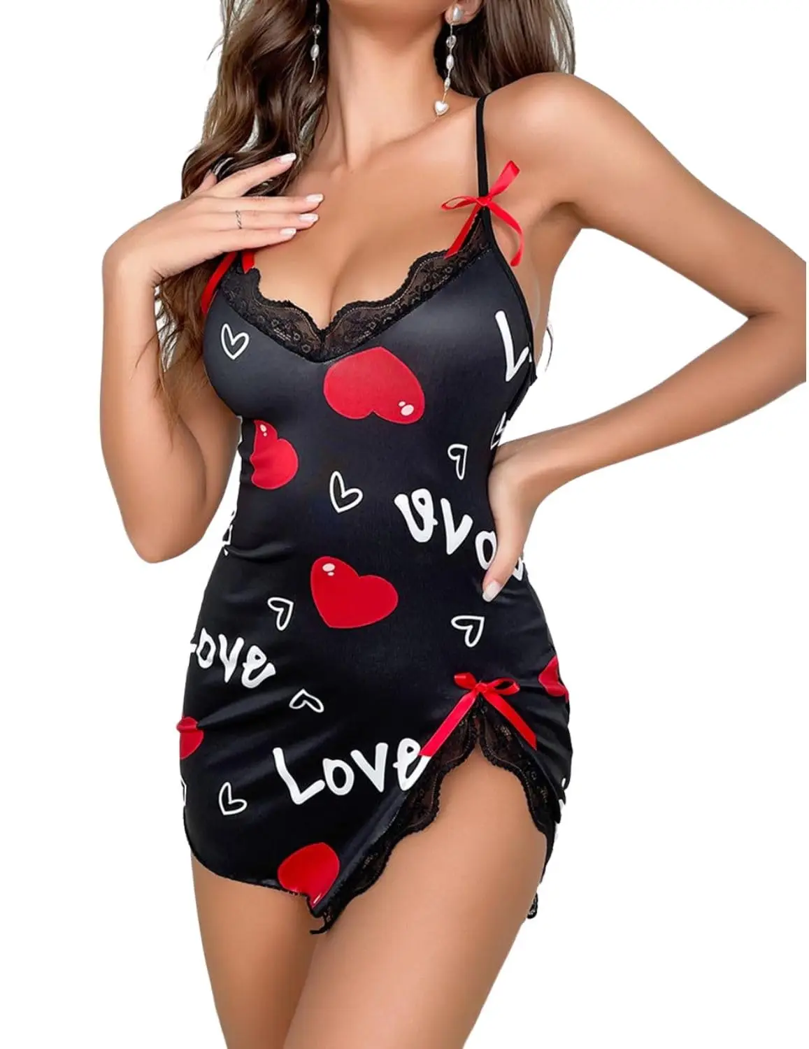 Nova camisola preta sexy para mulheres coração vermelho amor impressão cetim renda guarnição mini chemise ajustável cinta de espaguete lingerie