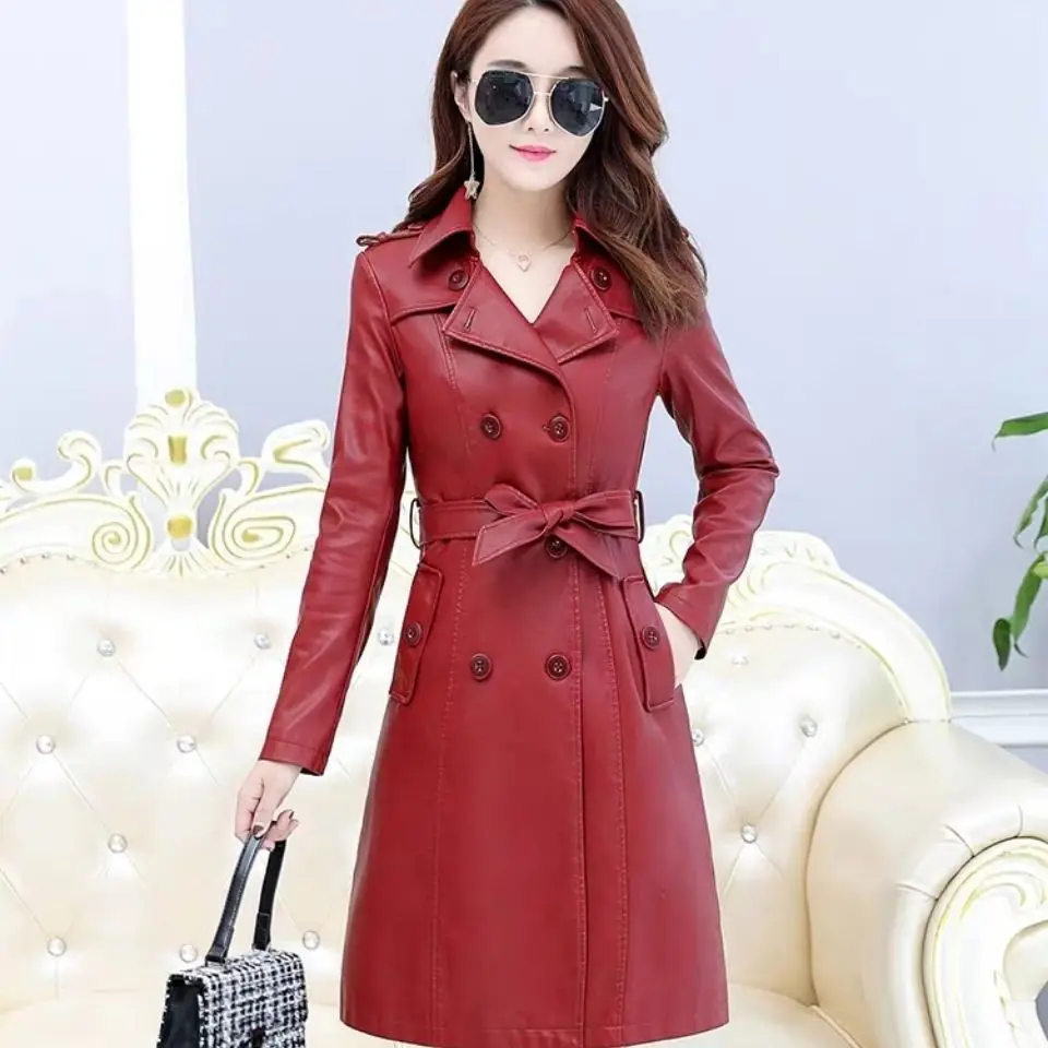 トップコンパウンドラムスキンレザージャケット女性フリーウォッシュ PU 女性服トレンチロングフェイクファーコートストリートカサカパラ mujer