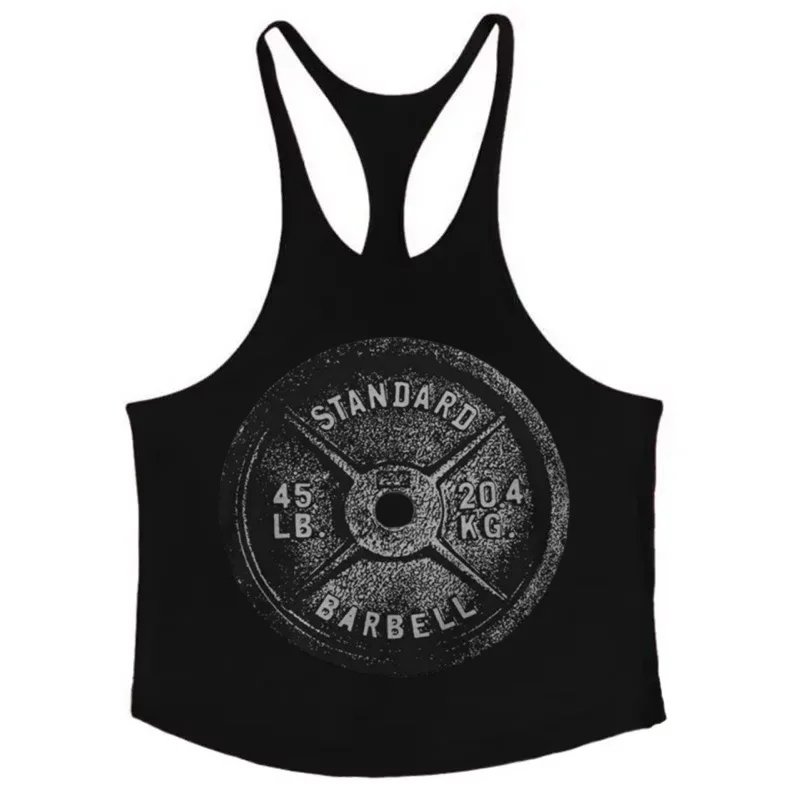 Men's Y - Back Gym Stringer Tank - Barbell Plate Print, Breathable Cotton, Ideal for Bodybuilding,Weightlifting Intense Workouts