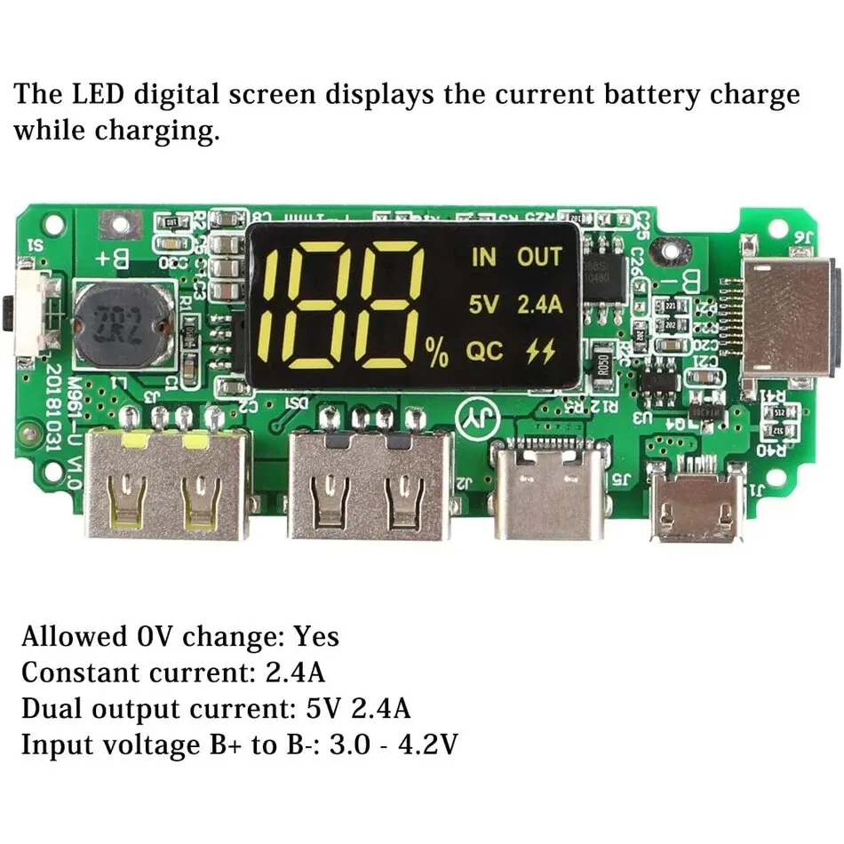 2 pezzi 18650 caricabatteria al litio 5V 2.4A doppio circuito USB modulo display LCD digitale con sovraccarico sovraccarico corto