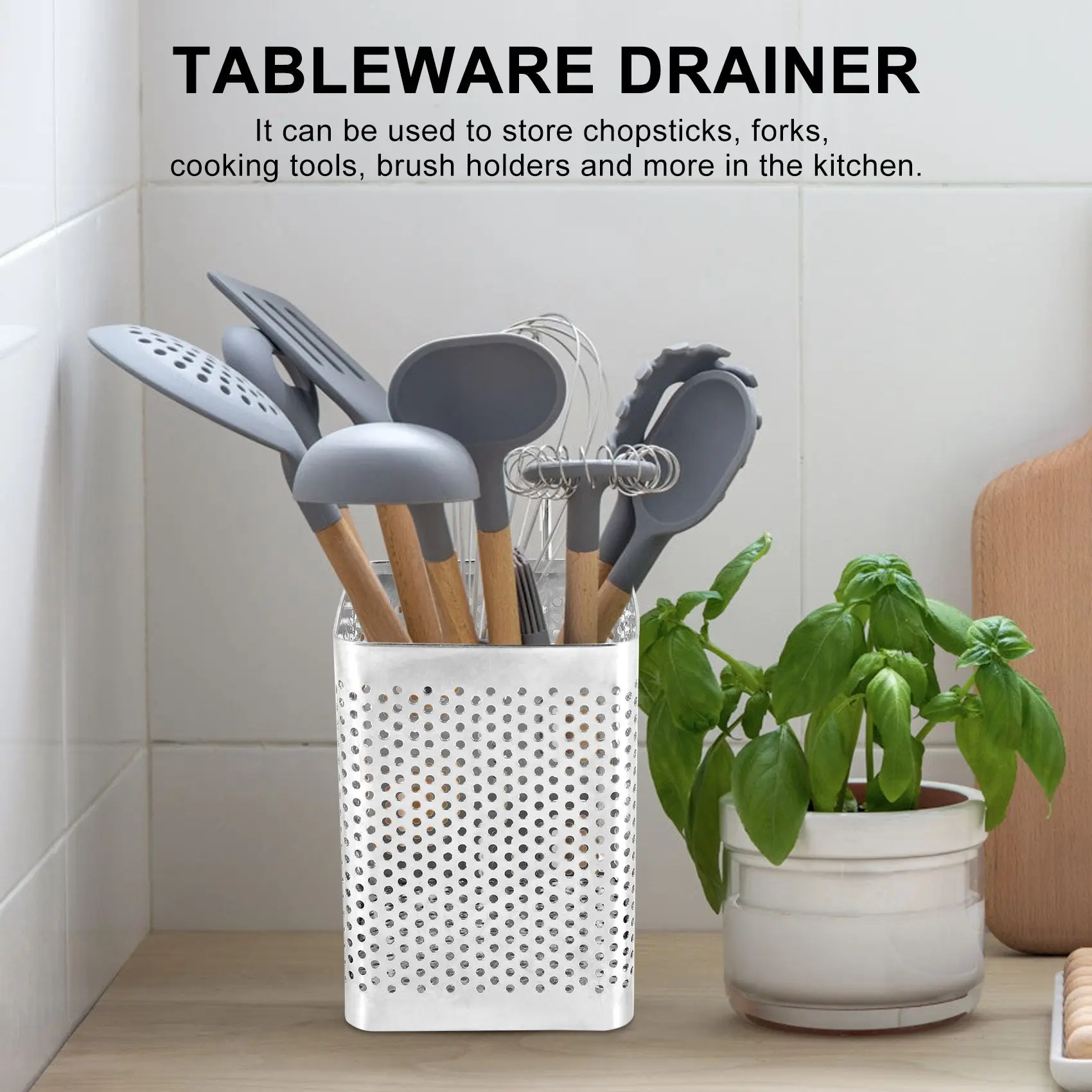 BABQ Porta bacchette in acciaio inossidabile Posate sospese Cestino per asciugare Stoviglie Scolapiatti con ganci Utensile da cucina(B)