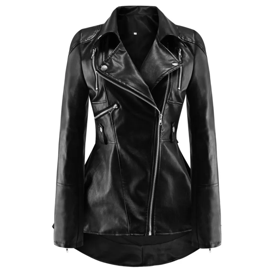 หนังFaux Biker JacketหญิงStreetwearแขนยาวสาวTailcoatเสื้อผ้าผู้หญิงขนาดใหญ่สีดําPUหนังCoat Moto Jacket