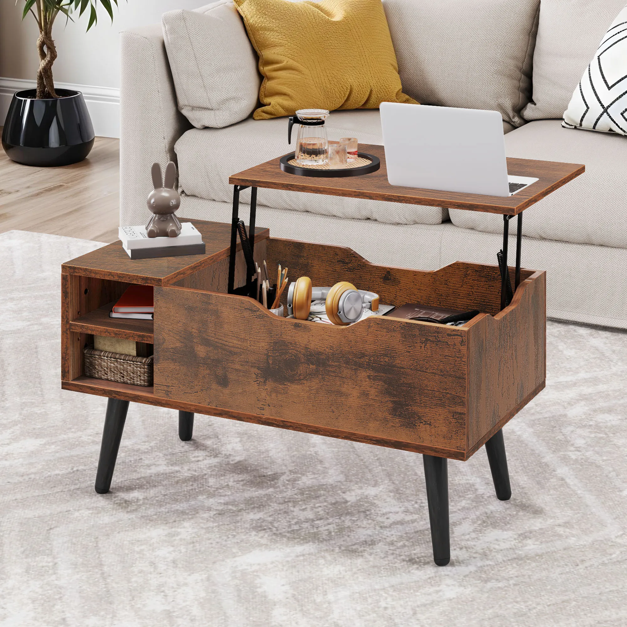 YITAHOME Rustikaler brauner Couchtisch mit Hubplatte – verstellbares Regal und versteckter Stauraum, Federmechanismus, 80 x 40 x 61,5 cm