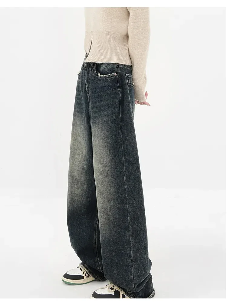 原宿ストリートレトロファッション秋の女性のハイウエストジーンズルーズワイドレッグストレートルーズデニムパンツ Y2K だぶだぶのパンツ