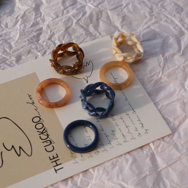2 Buah/Set Y2k Gaya Ins Cincin Resin Akrilik Perhiasan Bohemian Kreatif Sederhana Retro Coklat Biru Aksesori Cincin Rantai