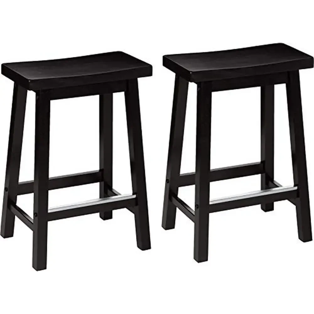 Set of 2 Black Solid Wood Saddle-Seat Counter-Height Kitchen Island Bar Stools 24-Inch Height A-Frame Design 300lb Capacity