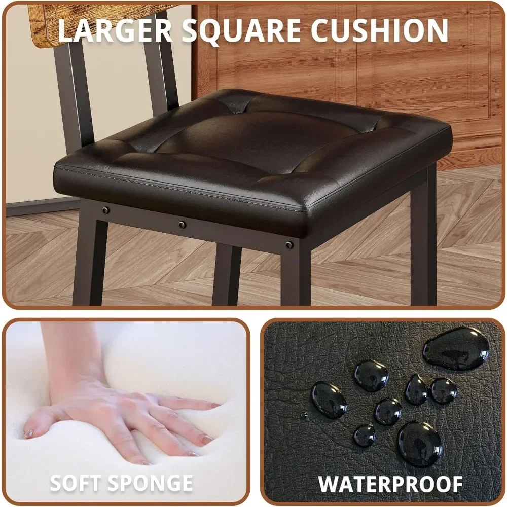 Bar Stools Set of 2,PU Upholstered Barstools with Back and Footrest, Thick Cushion Stools for Kitchen Island