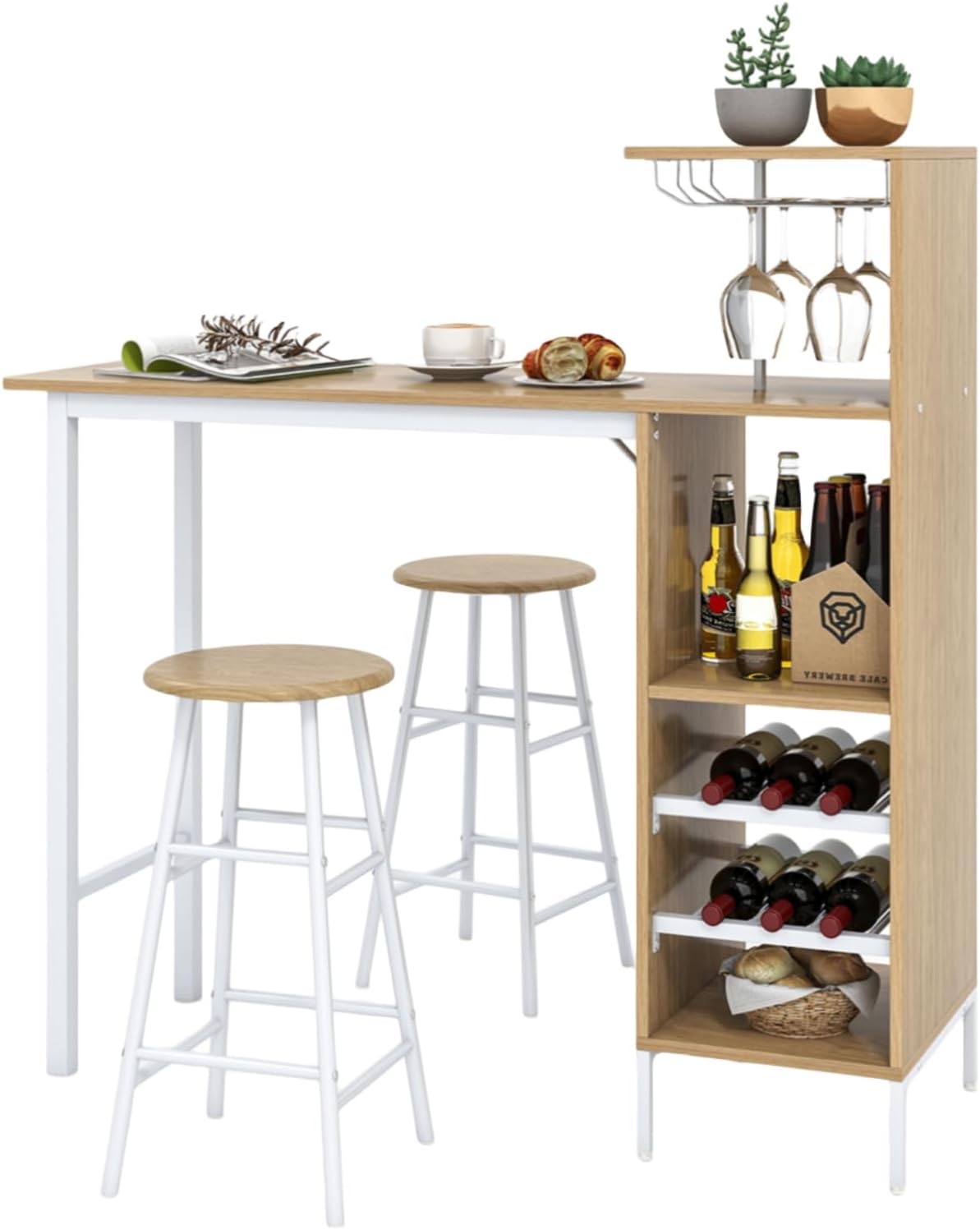 Bartisch-Set, Tresentisch mit 2 Barhooks, Esstisch Stehtisch mit Weinglashalter & Ablage Bistro & Wohnzimmer (Schwarz)