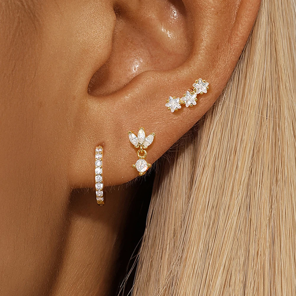 Conjunto de pendientes Piercing con colgante de estrella de lujo para mujer, aretes de acero inoxidable con circonita Punk, joyería para mujer, 3 uds.