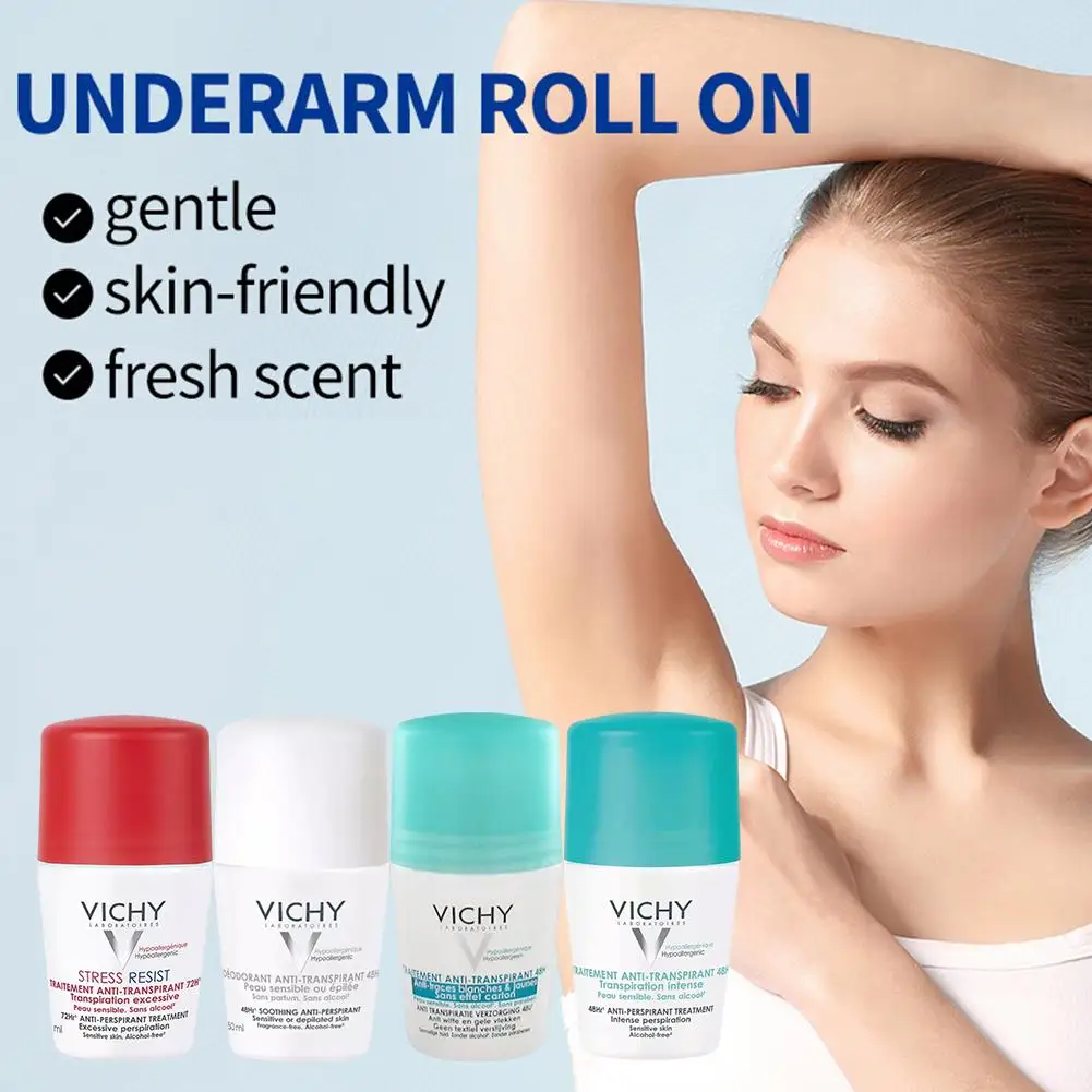 VICHY 50ml Underarm Roll On Ball Comfortable Sweatproof Deodorant Long-lasting Fresh Fragrance Odorless