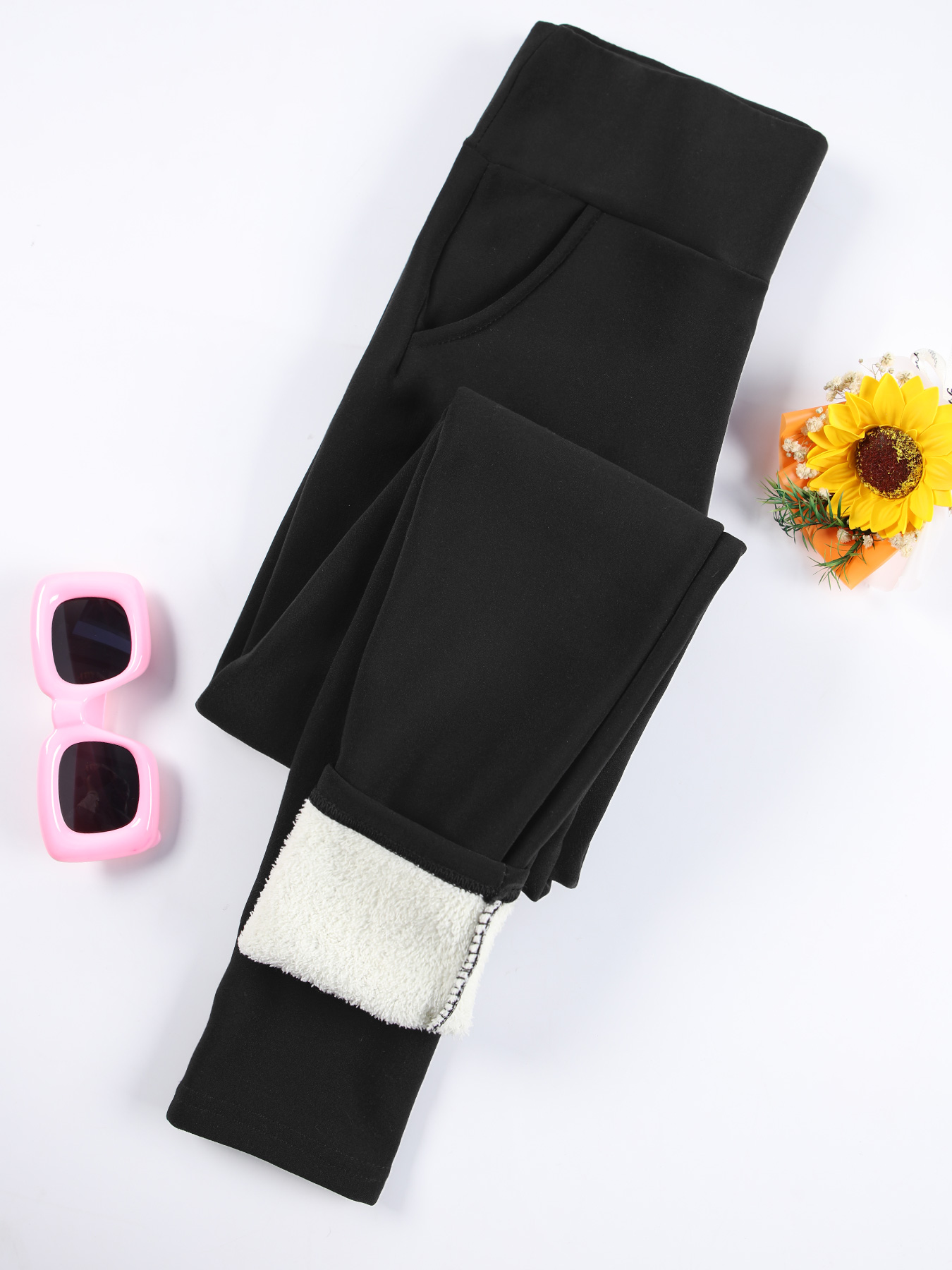 Frauen Samt Leggings mit Taschen Herbst Winter Warme Fleece Strumpfhosen Samt Einfarbig Verhindern Kälte Leggings Stretch Leggings