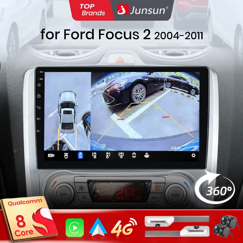 Junsun Qualcomm 8-Core 360 °   Kamera panoramiczna Bezprzewodowe radio samochodowe CarPlay Android Auto dla ford focus 2 3 Mk2 Mk3 2004-2011 GPS