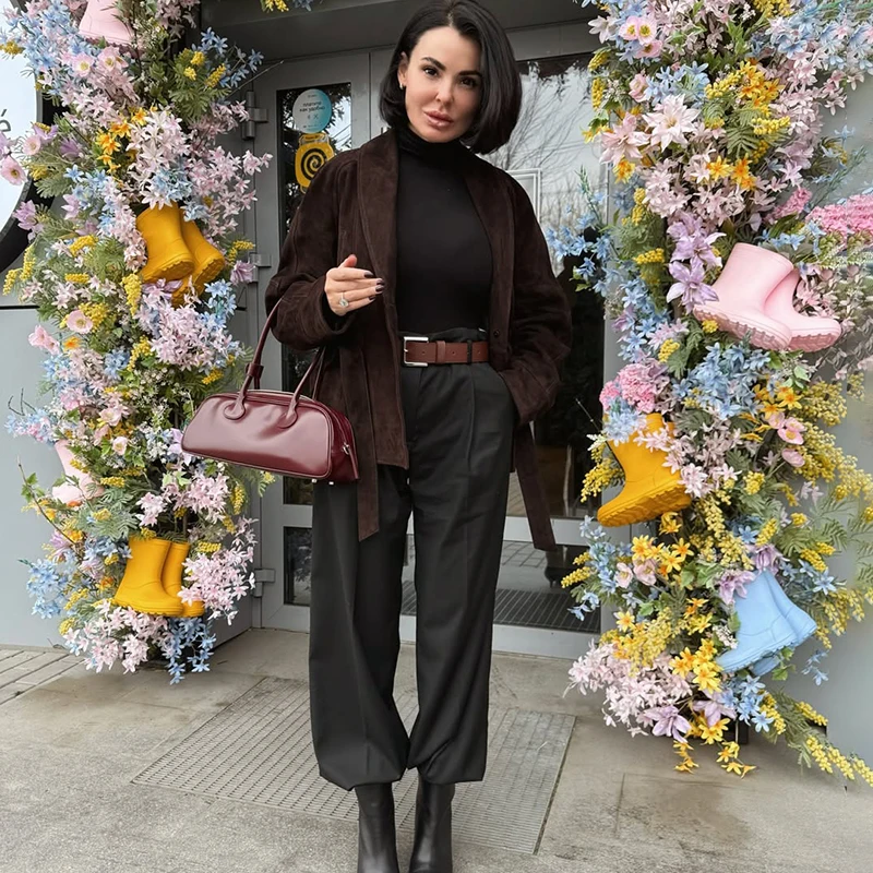 Tornova Retro Suede Long-sleeved Jacket Coat Female V neck Lace Up Jacket 2025 Autumn Winter New Commute Office Lady Outerwear