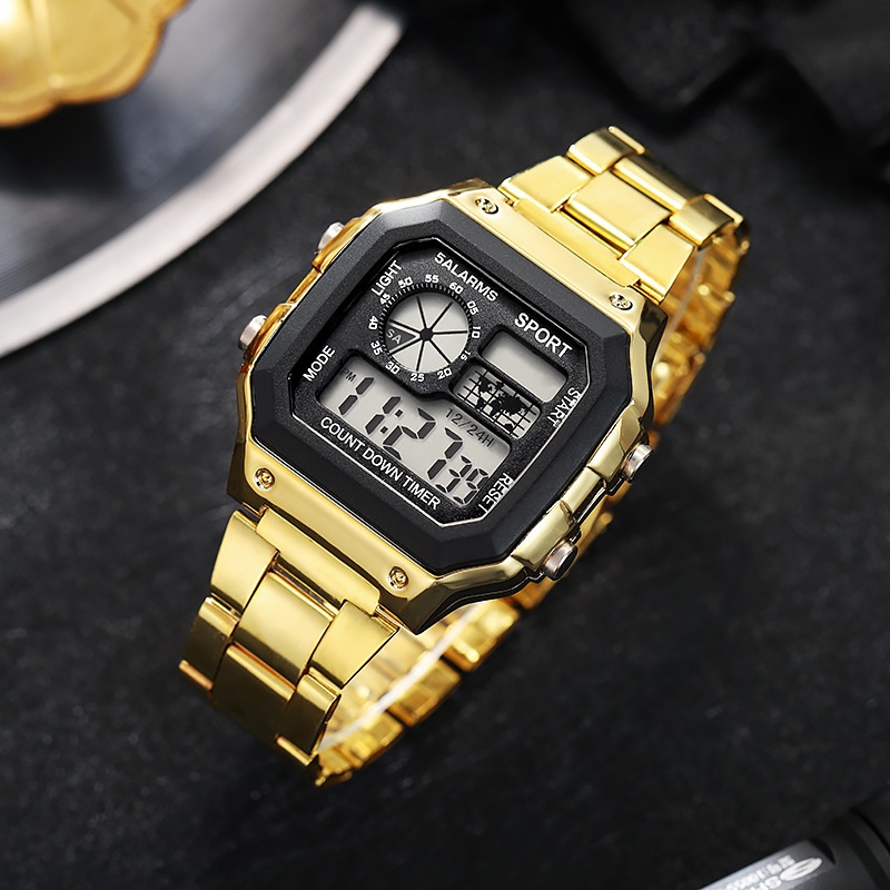 Reloj Digital para hombre, correa de acero inoxidable, relojes deportivos con cuenta atrás, reloj de pulsera electrónico Led resistente al agua para regalo de hombre