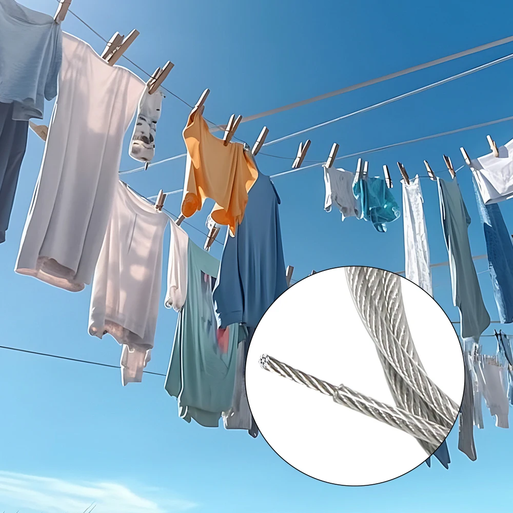 Cabo de aço inoxidável 304 com revestimento transparente de PVC, 5/10/20/50M, corda resistente para secar roupas, cabo de aço 7X7