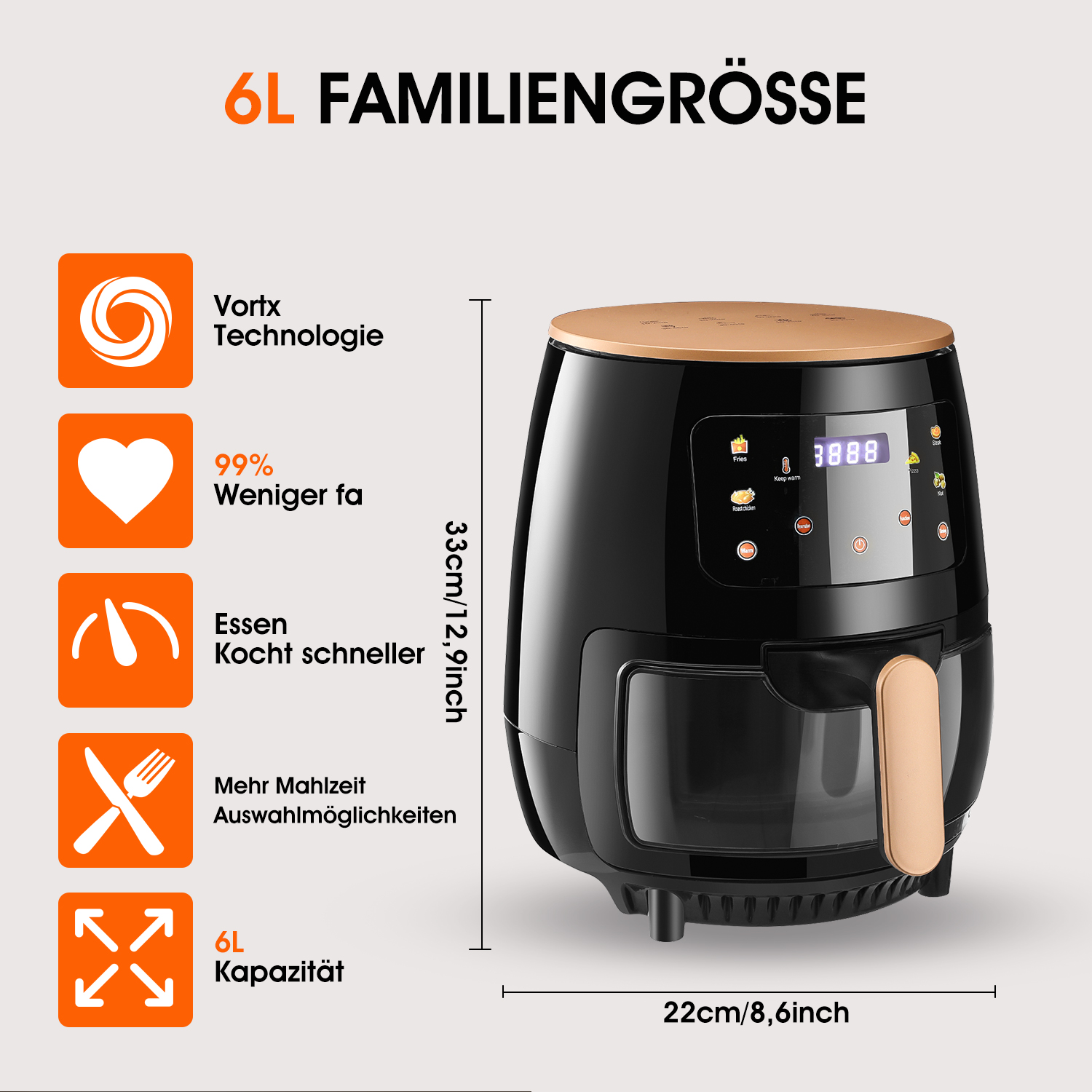 Heißluftfritteuse 6L Friteuse Heissluft ohne Öl XL, Air Fryer mit Sichtfenster LED-Touchscreen, 8 Programmen luftfritteuse 1400W, Einstellbare Temperaturregelung Gute Grillergebnisse