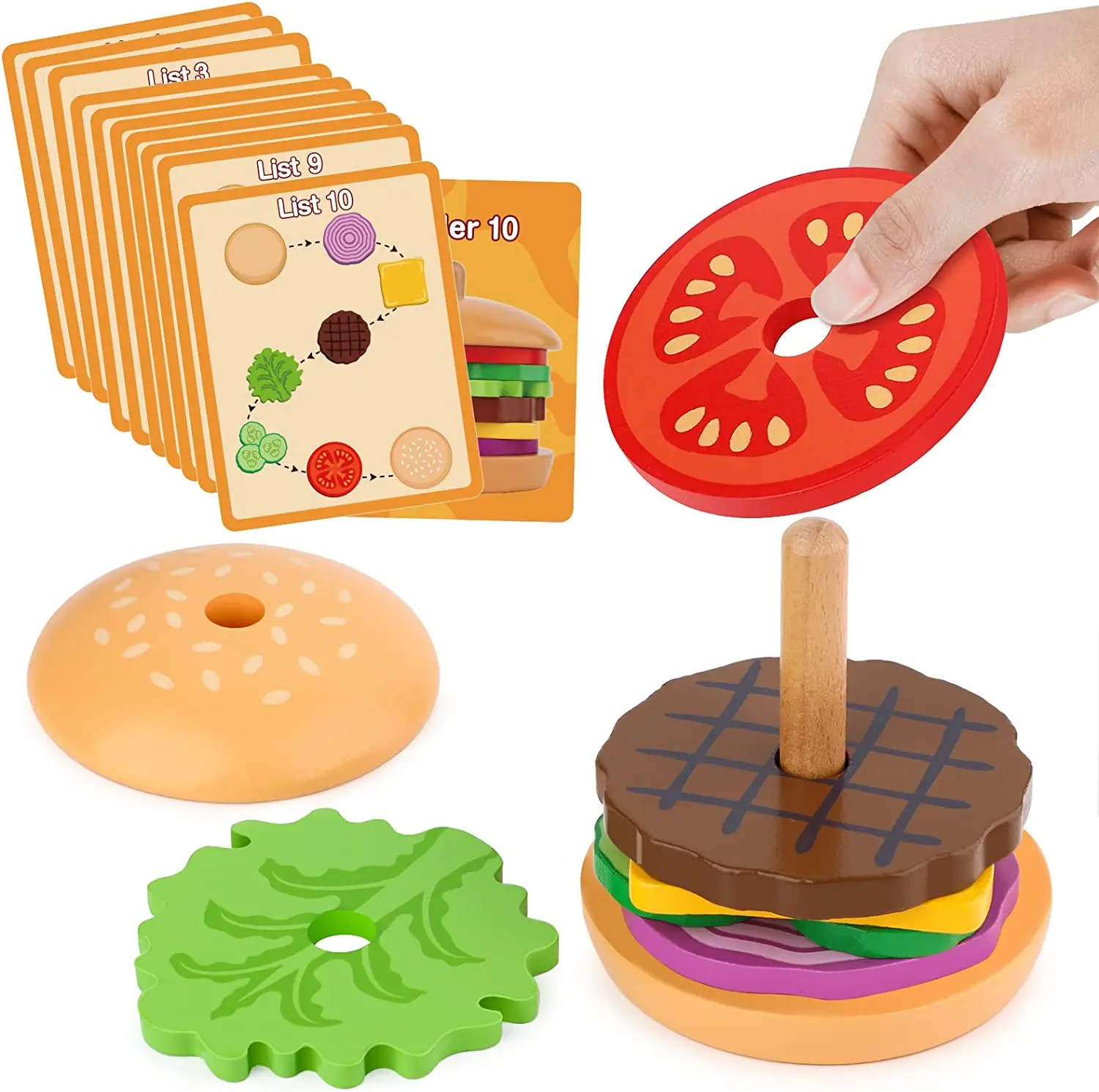 Giocattoli impilabili per panini di Amburgo in legno per bambini piccoli e bambini Giocattoli educativi prescolari Montessori Giocattolo da cucina per abilità motorie fini