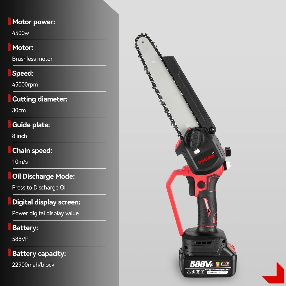 ONEVAN Brushless 8 นิ้วเลื่อยไฟฟ้าอัตโนมัติ Oiler มือถือสวน Pruning Chainsaw งานไม้เครื่องมือสําหรับ Makita 18V แบตเตอรี่ Pin