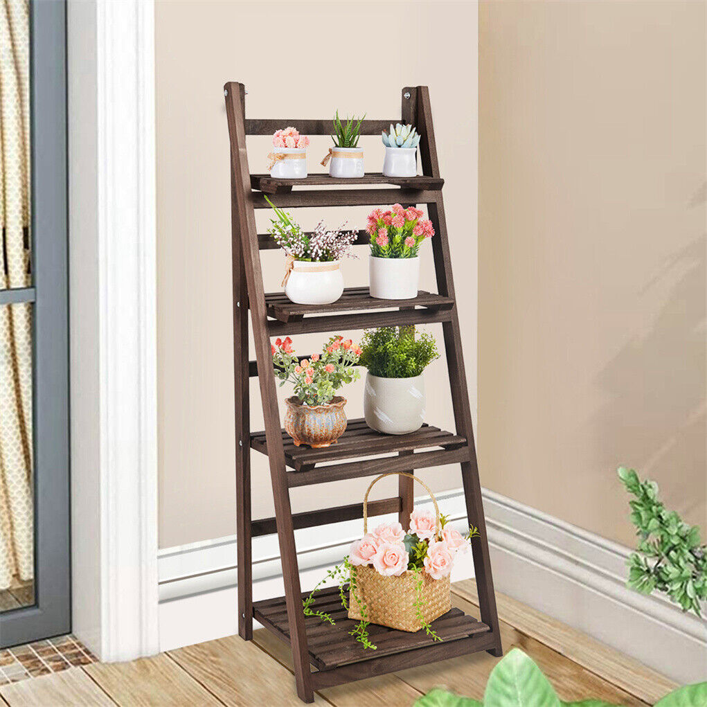 Dobrável De Madeira Flor Display Stand, Escada De Armazenamento Rack, Prateleiras De Livros, Interior E Exterior, Prateleiras De Plantas De 4 Camadas