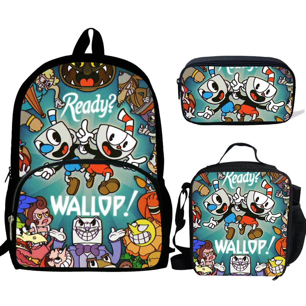 Game C-Cuphead M-Mugma 1/3pcs Backpack Cartoon School Bag for Boy Girl with Lunch Bag Pencil Box Backpack for Child Rucksack