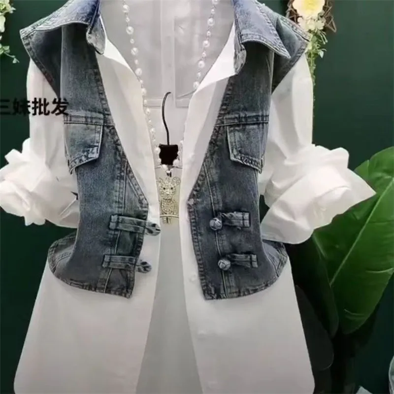 Diseño de moda Sense Chaquetas vaqueras a rayas camisa de mujer Primavera novedad de verano vaquero empalme falso dos piezas camisa abrigo Top mujer