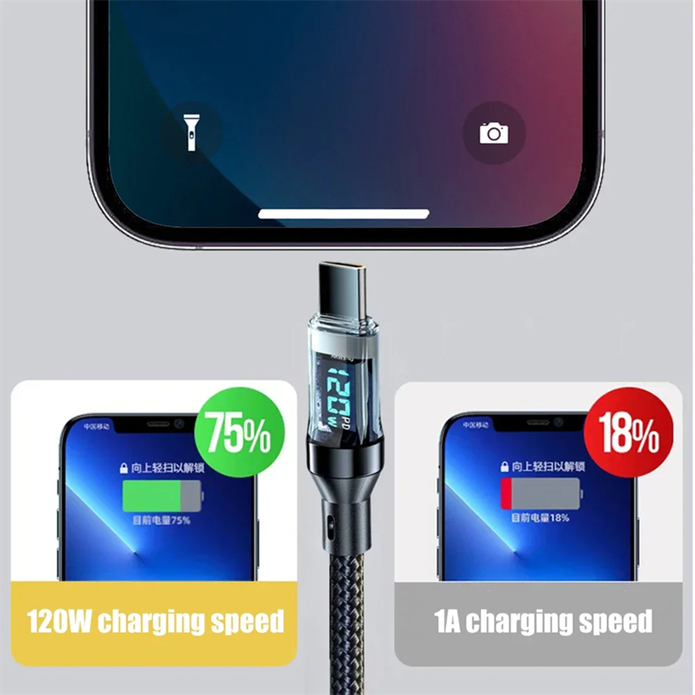 120W USB To Type C Cable Phone Super Fast Charging Cable With LED Display Data Cord For Xiaomi Redmi Samsung Huawei Honor 1M 2M
