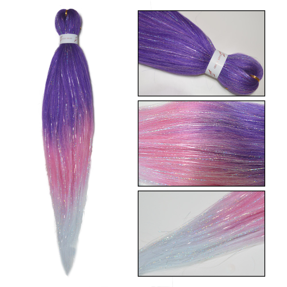 パープル ピンク ホワイト 3 トーン オンブル ストレート 三つ編み ブレンド ヘア見掛け倒し フェスティバル レイブ ヘアエクステンション 女の子用 クレイジー ヘア デイ 三つ編み
