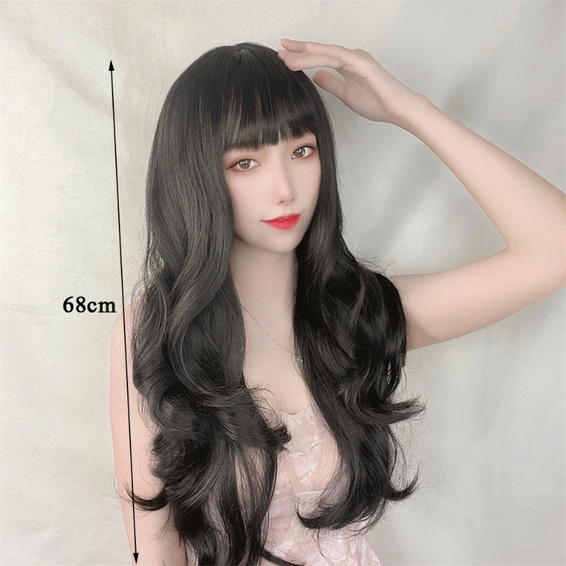 Moda encaracolado laço preto peruca longa reta com franja cabelo de fibra resistente ao calor para mulher sem cola para uso diário e fácil usar