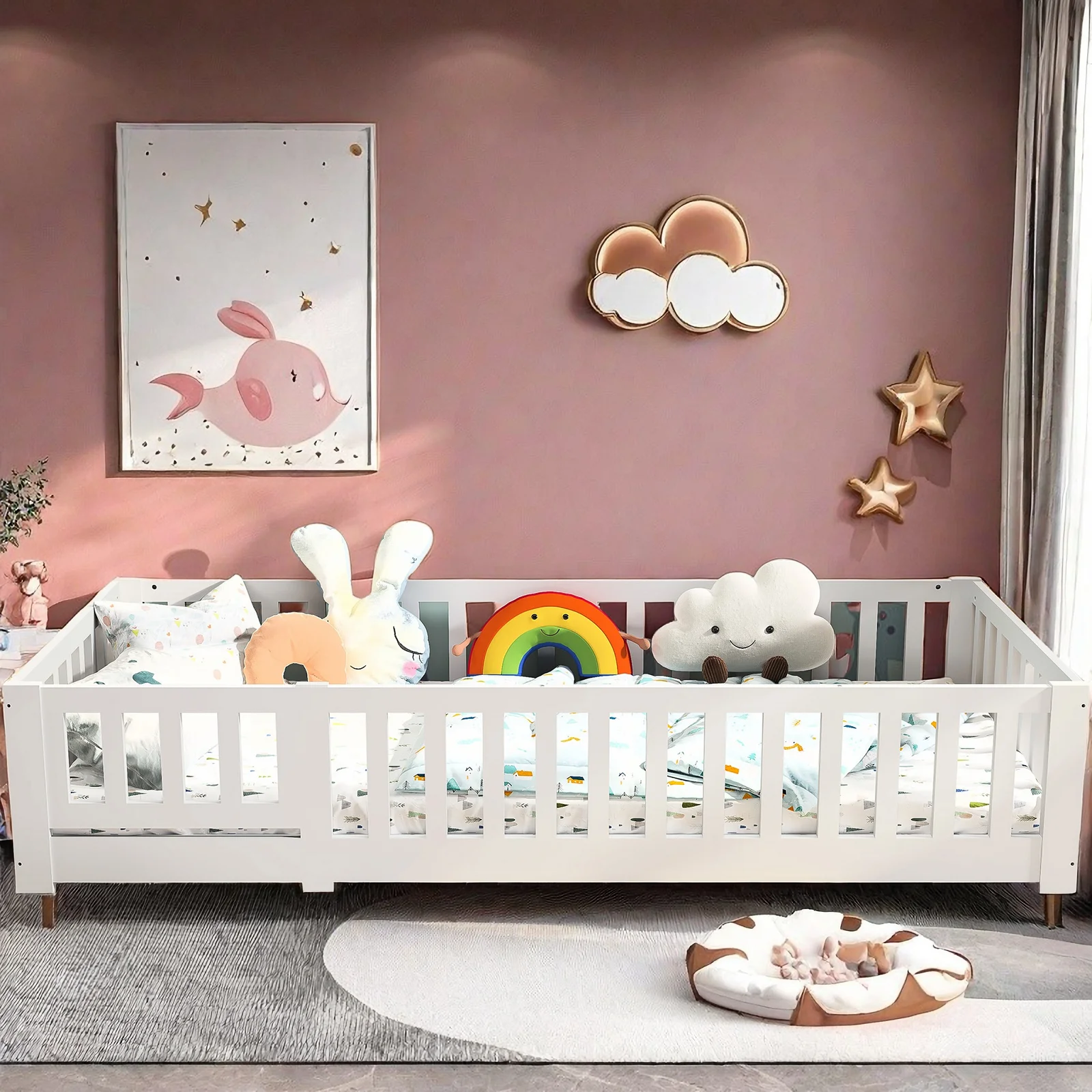 Cama infantil Lazyspace, cama de pinho maciço, com proteção total e estrutura de ripas, cama de chão, cama de solteiro, branca, 90x200cm